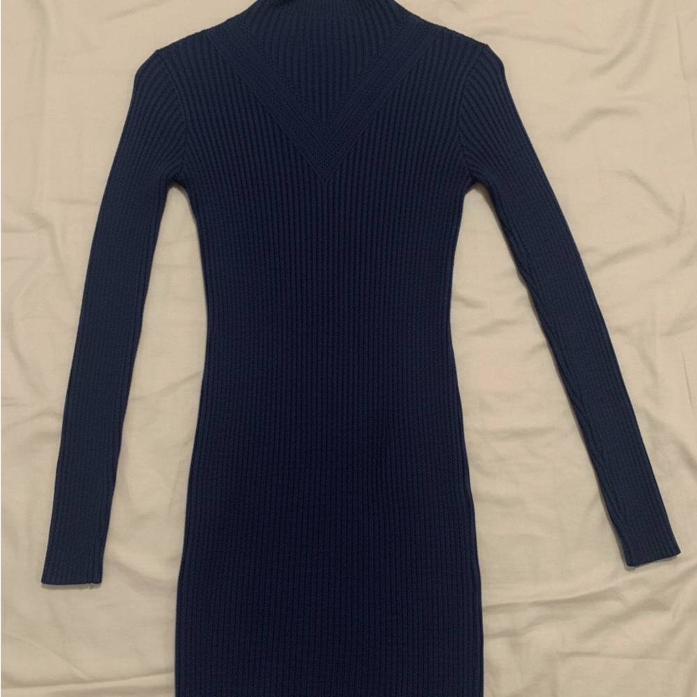 🔥SALE🔥 Elegant Navy Blue Long Sleeve Ribbed Knit Knee Dress